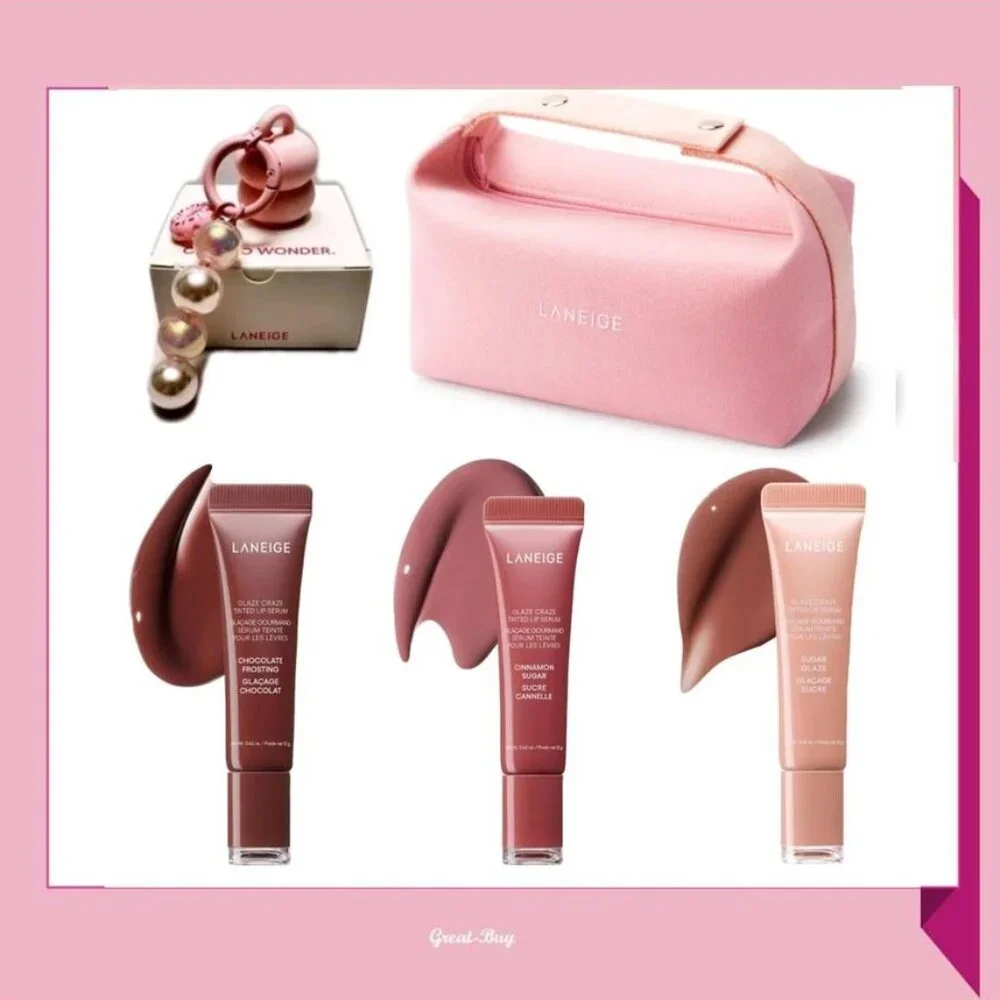 LANEIGE Glaze Craze Tinted Lip Serum X3 With Lip Keychain Cap In Pink Makeup Bag